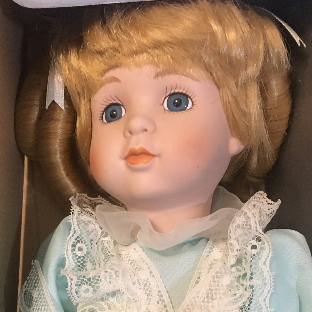 Mann’s Ceramic Doll Curly blonde hair Blue dress White shoes 1989
